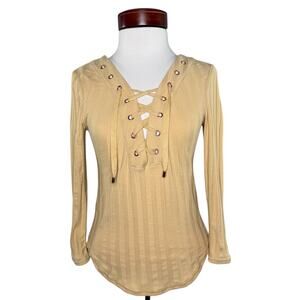 Free People Lace Up Ribbed Knit Top Size S Beige Long‎ Sleeve Boho Y2K Festival